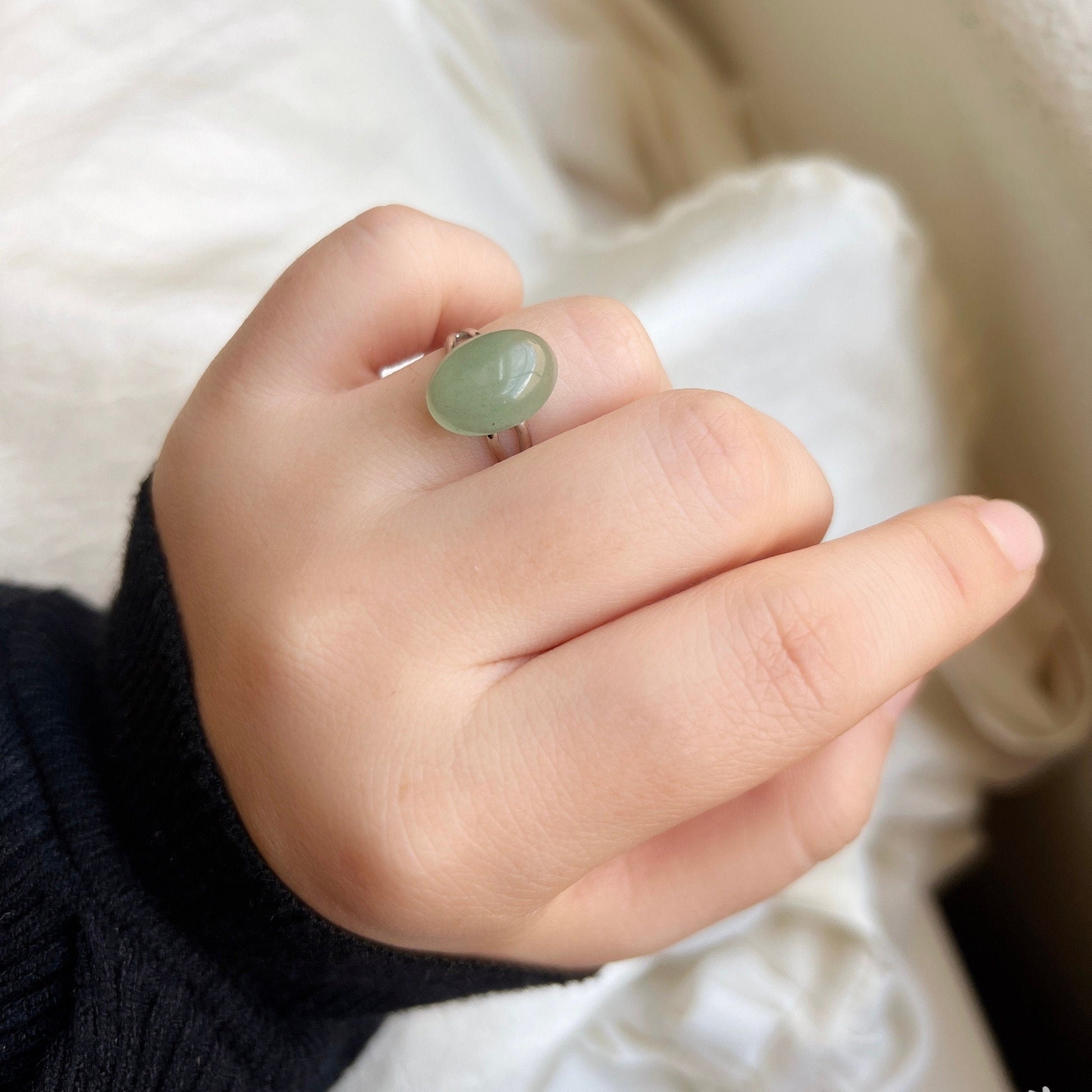 Boho Style Natural Stone Oval Ring, Simple Medium Gemstone Ring, Minimalist Adjustable Ring, Rose Quartz, Green Aventurine, Black Agate