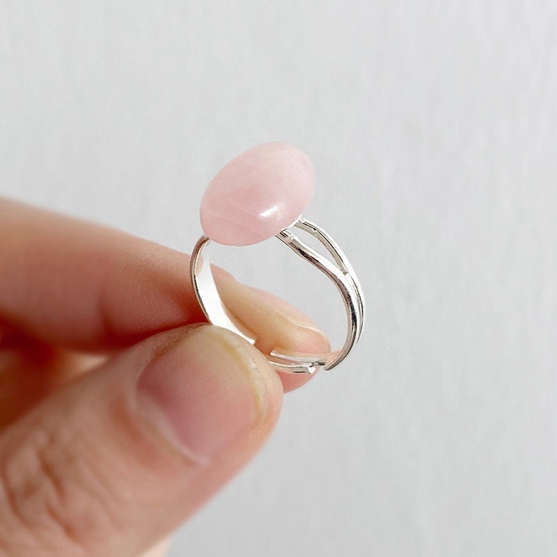 Boho Style Natural Stone Oval Ring, Simple Medium Gemstone Ring, Minimalist Adjustable Ring, Rose Quartz, Green Aventurine, Black Agate