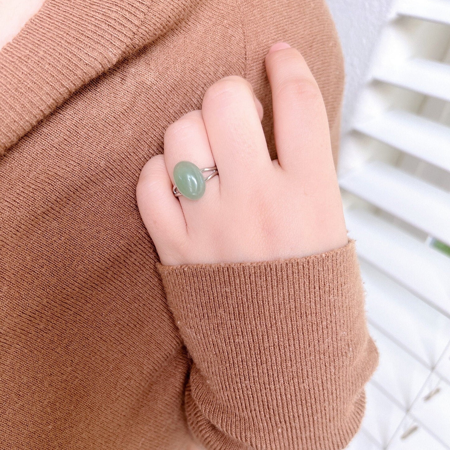 Boho Style Natural Stone Oval Ring, Simple Medium Gemstone Ring, Minimalist Adjustable Ring, Rose Quartz, Green Aventurine, Black Agate