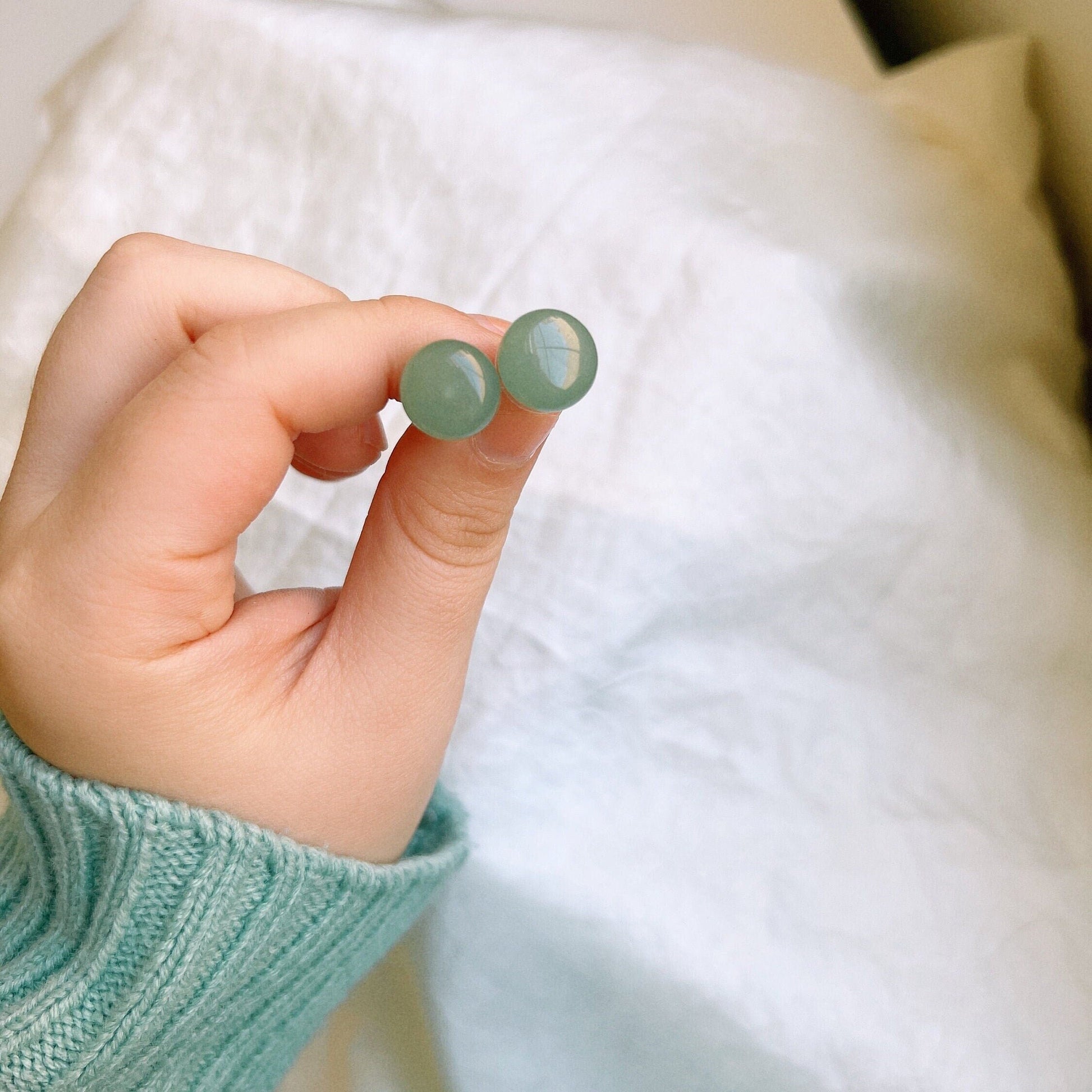 12mm Aventurine Carnelian Round Stone Earrings, Medium Size Black Green Natural Stone Stud Earrings, Simple Classic Round Crystal Earrings