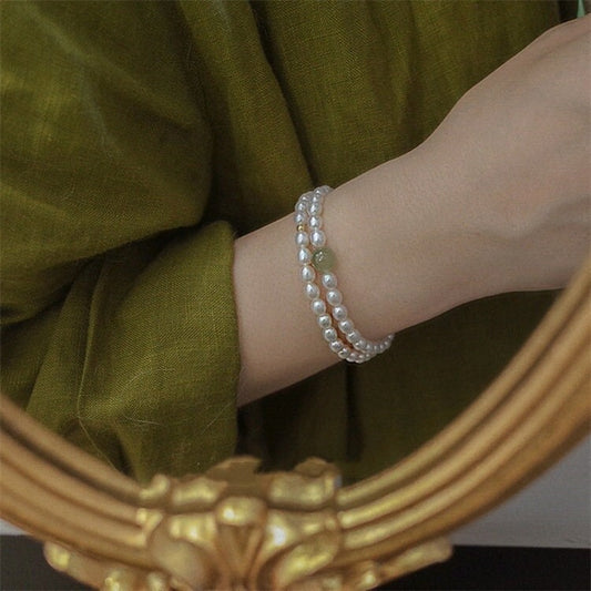 Natural Fresh Water Pearl Stretch Bracelet with Single Light Green Jade Bead or Gold Bead, Genuine Hetian Jade with 6-7mm Pearls Bracelet