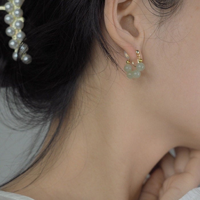 Natural Jade Earrings, Jade Beads Hood Earring, clip-on Earrings, Hetian Jade Earrings, Light Green Jade Earrings, Natural Nephrite Jade