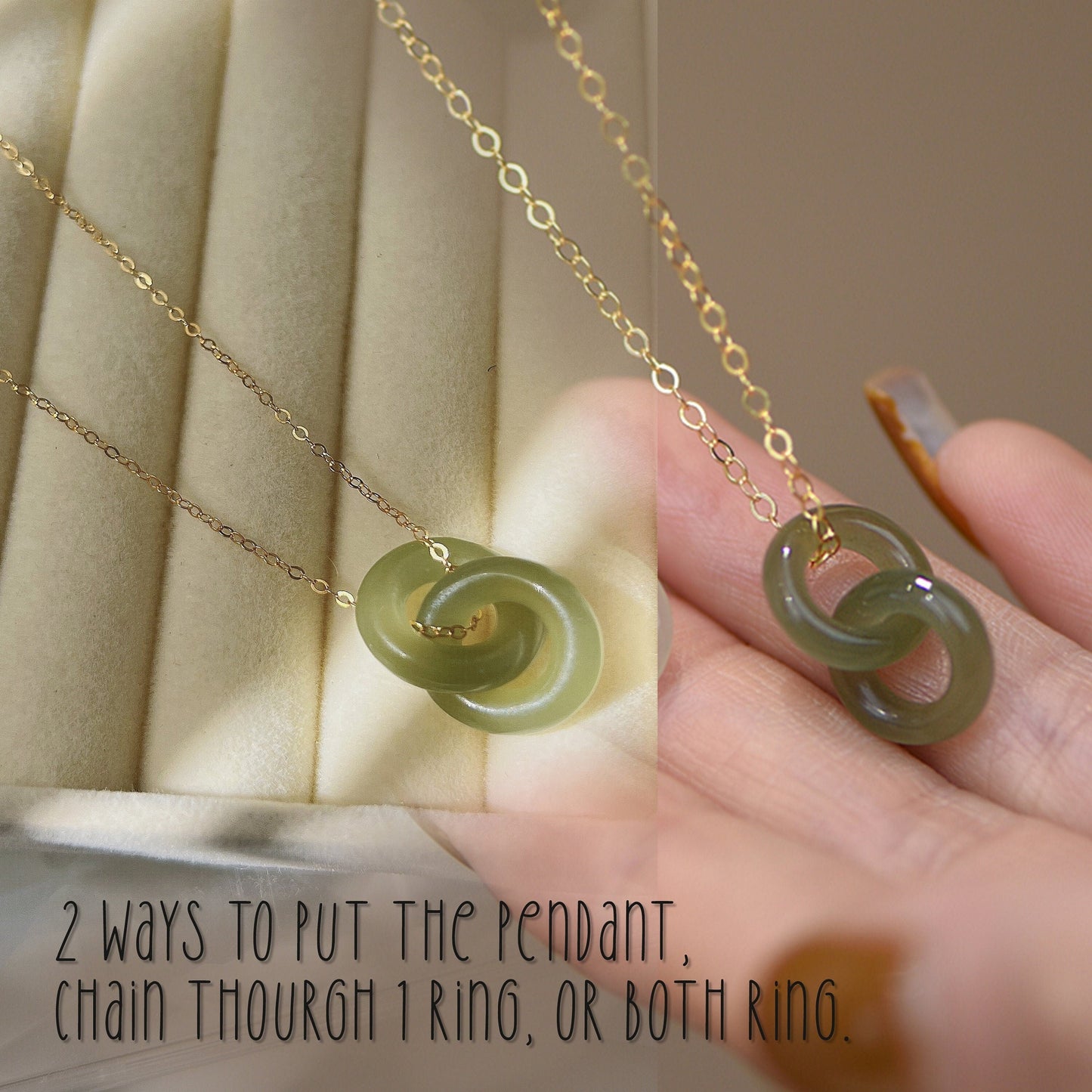 Natural Jade Necklace, Hetian Pendant Necklace, Jade Gold jewelry, Dainty Jade Necklace, Jade Interlocking Circle Necklace, Two Ring Pendant