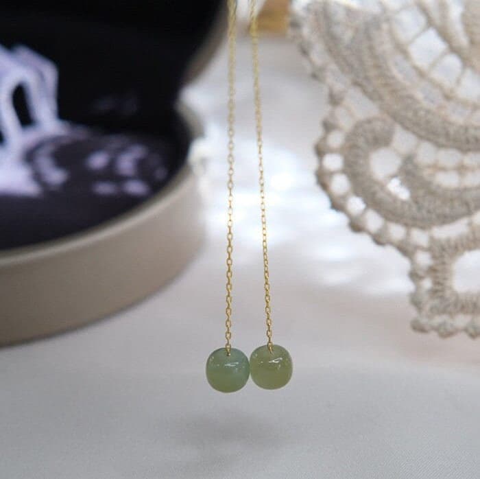 Natural Jade Long Drop Earrings, Light Green Natural Jade Bead Drop Earrings, Genuine Nephrite Beads Tassel Earrings, Jade Long Threader