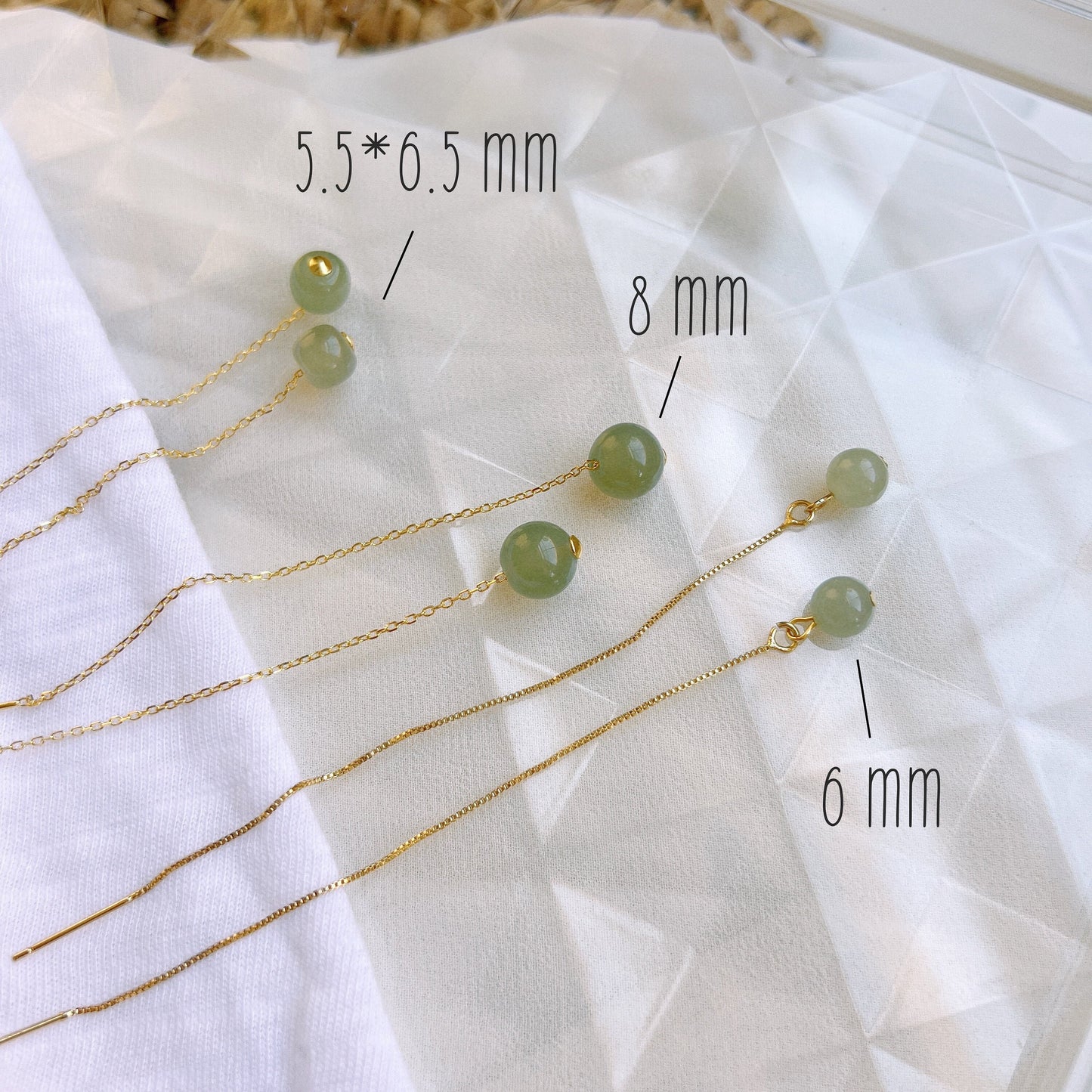 Natural Jade Long Drop Earrings, Light Green Natural Jade Bead Drop Earrings, Genuine Nephrite Beads Tassel Earrings, Jade Long Threader