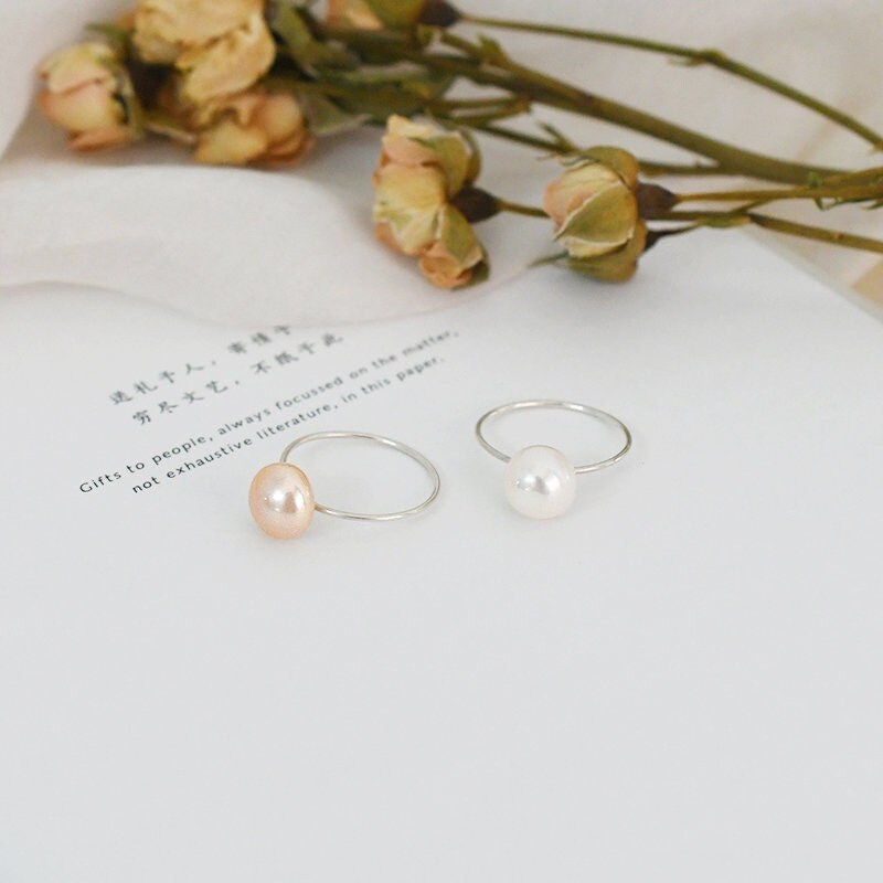 8-9mm Natural White Purple Pink Pearl Ring with 925 Sterling Silver Band, Single Fresh Water Pearl Ring, 0.8mm Thin Silver Band