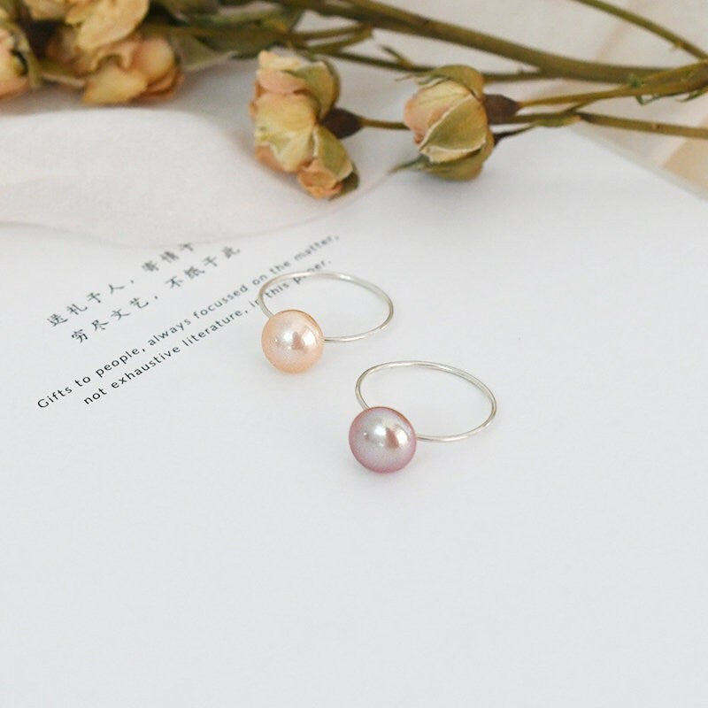 8-9mm Natural White Purple Pink Pearl Ring with 925 Sterling Silver Band, Single Fresh Water Pearl Ring, 0.8mm Thin Silver Band