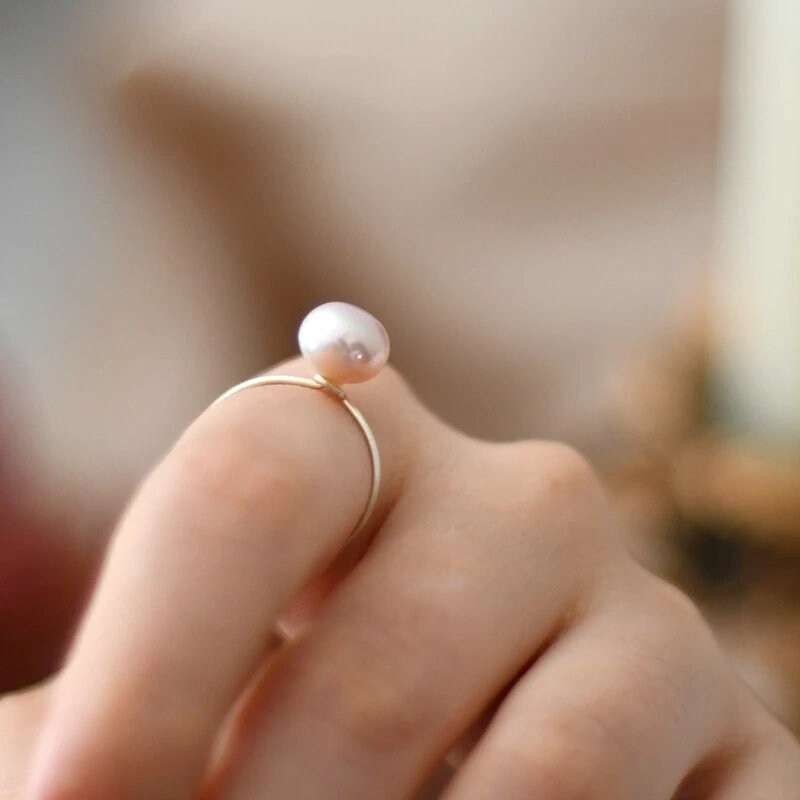 8-9mm Natural White Purple Pink Pearl Ring with 925 Sterling Silver Band, Single Fresh Water Pearl Ring, 0.8mm Thin Silver Band