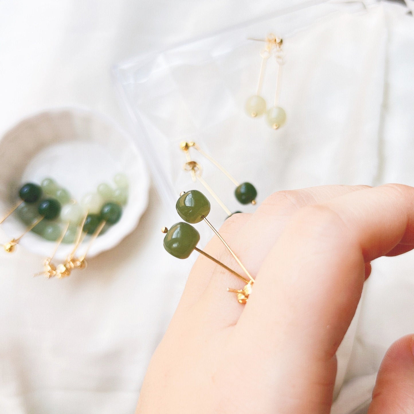 Natural Hetian Jade Long Drop Earrings, Light Dark Green Jade Earring, Gold and Jade Earring, Clip Tassel Earring, Gold Jade Jewelry