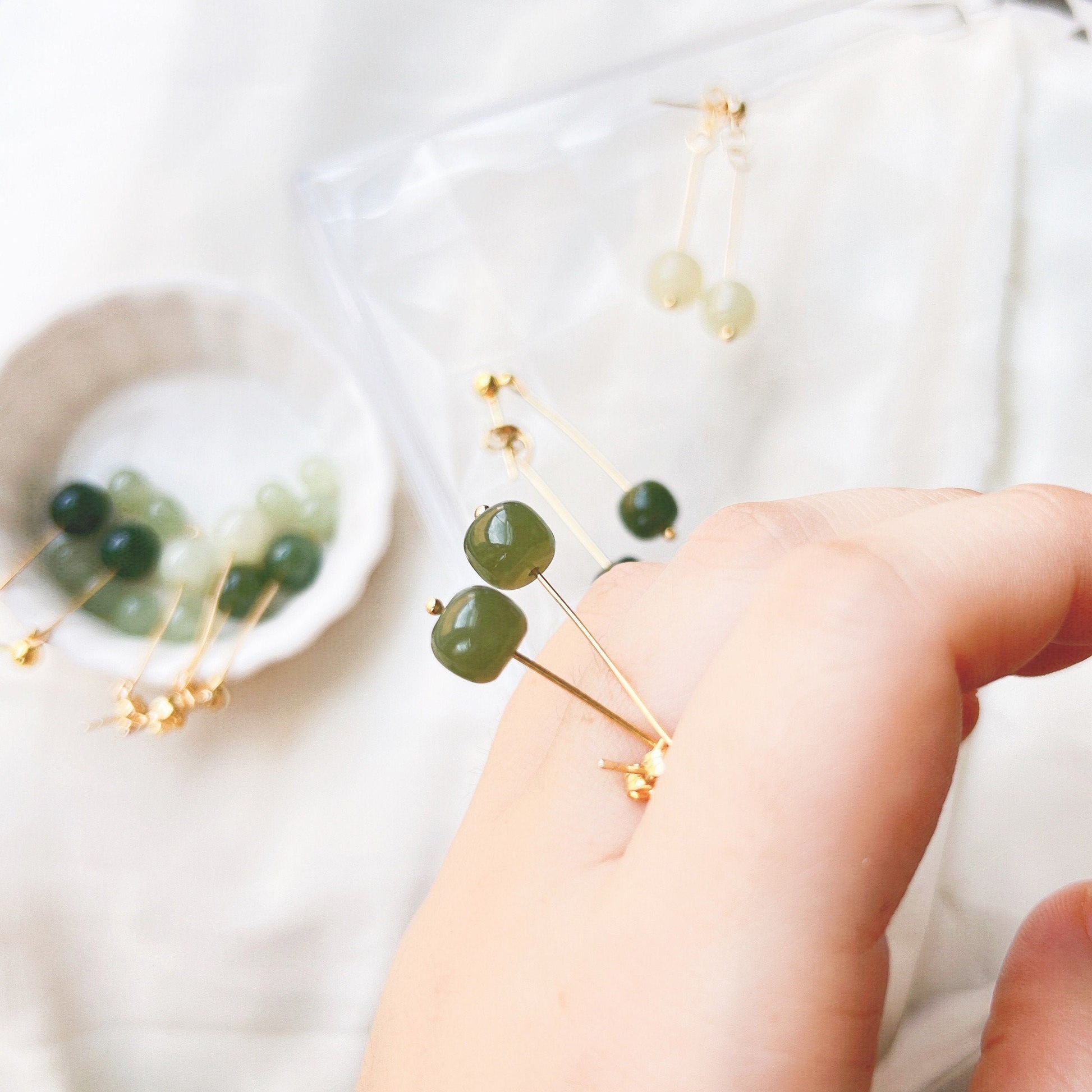 Natural Hetian Jade Long Drop Earrings, Light Dark Green Jade Earring, Gold and Jade Earring, Clip Tassel Earring, Gold Jade Jewelry