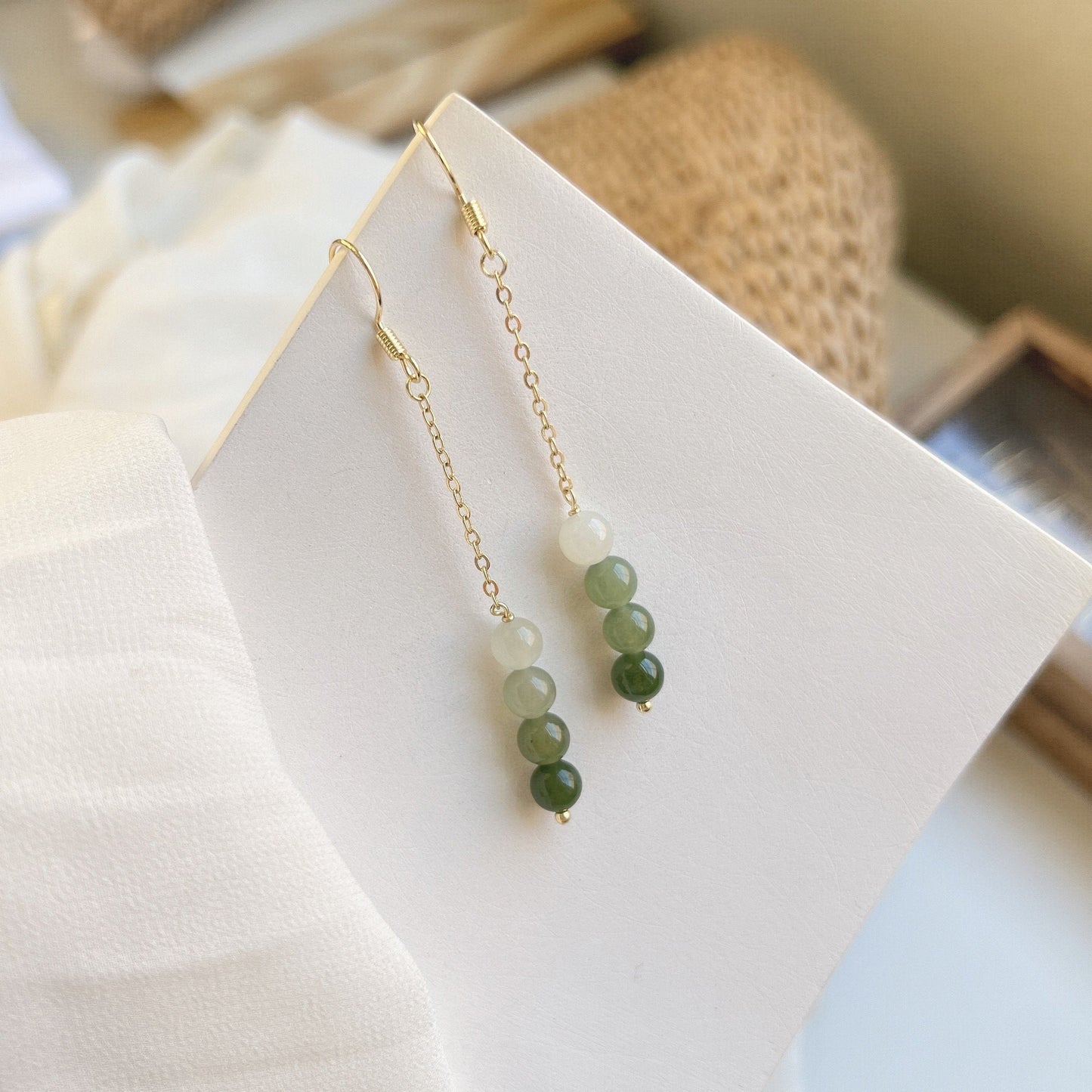 Gradient Jade Long Drop Earrings, Jade Earrings, Jade Dangle Earrings, Genuine Nephrite Beads Tassel Earrings, Gold Jade Tassel Earrings