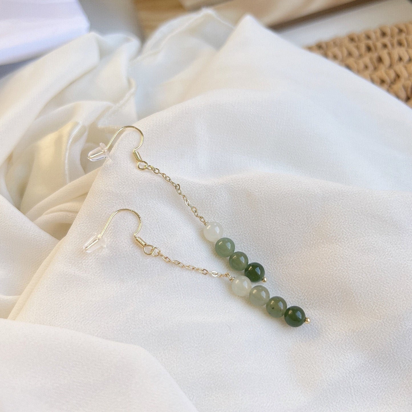 Gradient Jade Long Drop Earrings, Jade Earrings, Jade Dangle Earrings, Genuine Nephrite Beads Tassel Earrings, Gold Jade Tassel Earrings