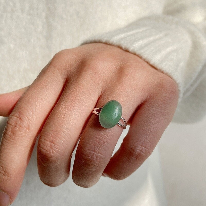 Boho Style Natural Stone Oval Ring, Simple Medium Gemstone Ring, Minimalist Adjustable Ring, Rose Quartz, Green Aventurine, Black Agate