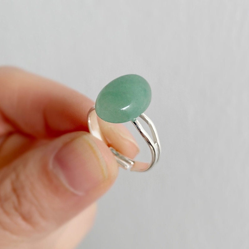 Boho Style Natural Stone Oval Ring, Simple Medium Gemstone Ring, Minimalist Adjustable Ring, Rose Quartz, Green Aventurine, Black Agate