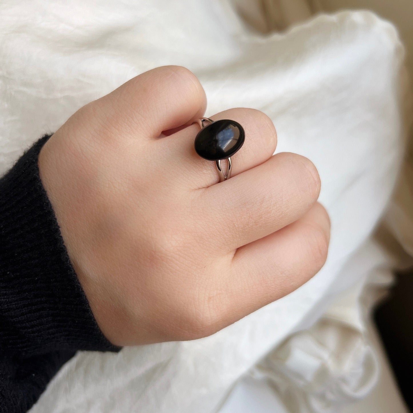 Boho Style Natural Stone Oval Ring, Simple Medium Gemstone Ring, Minimalist Adjustable Ring, Rose Quartz, Green Aventurine, Black Agate