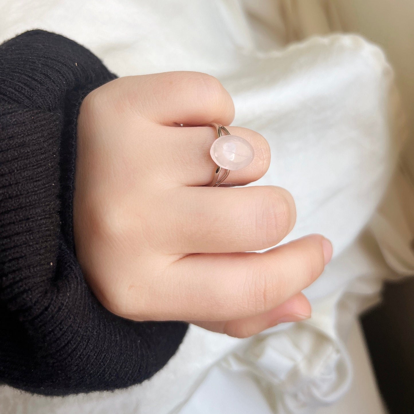 Boho Style Natural Stone Oval Ring, Simple Medium Gemstone Ring, Minimalist Adjustable Ring, Rose Quartz, Green Aventurine, Black Agate