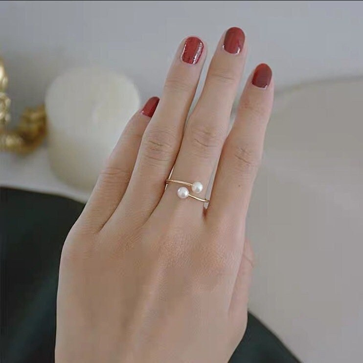 Fresh Water Pearl Ring, 2 Natural Pearls Gold Ring, Front Open Adjustable Ring, Thin Gold Wire Simple Pearl Ring