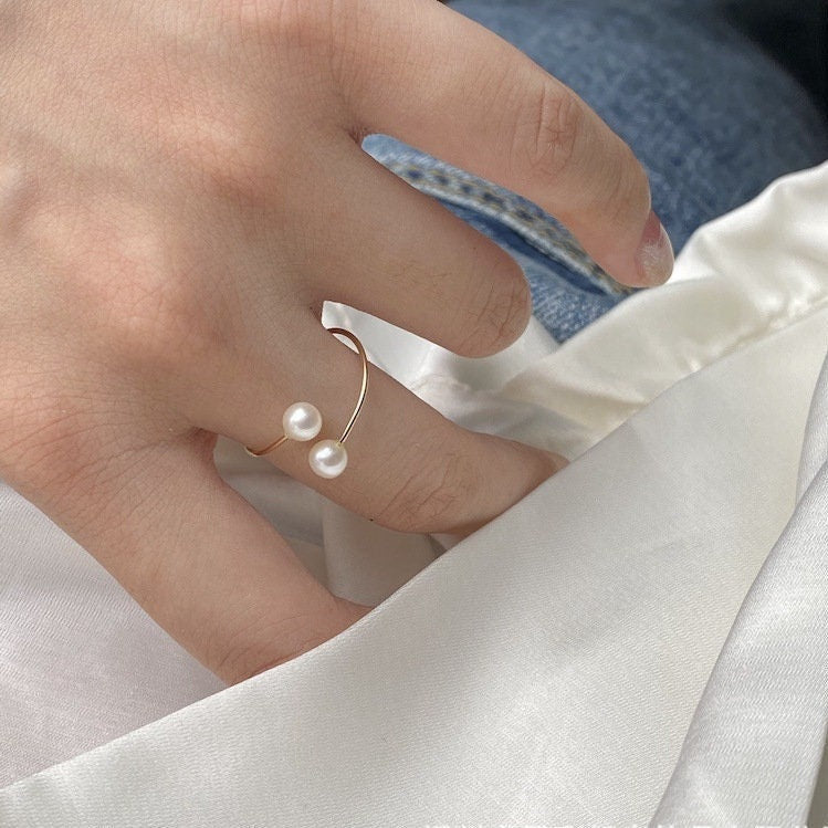 Fresh Water Pearl Ring, 2 Natural Pearls Gold Ring, Front Open Adjustable Ring, Thin Gold Wire Simple Pearl Ring