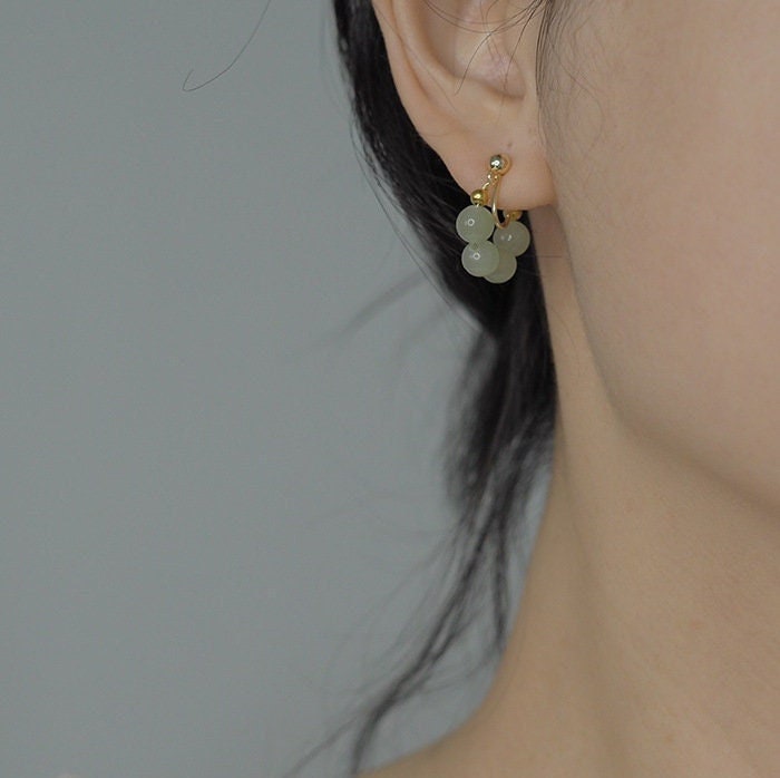 Natural Jade Earrings, Jade Beads Hood Earring, clip-on Earrings, Hetian Jade Earrings, Light Green Jade Earrings, Natural Nephrite Jade