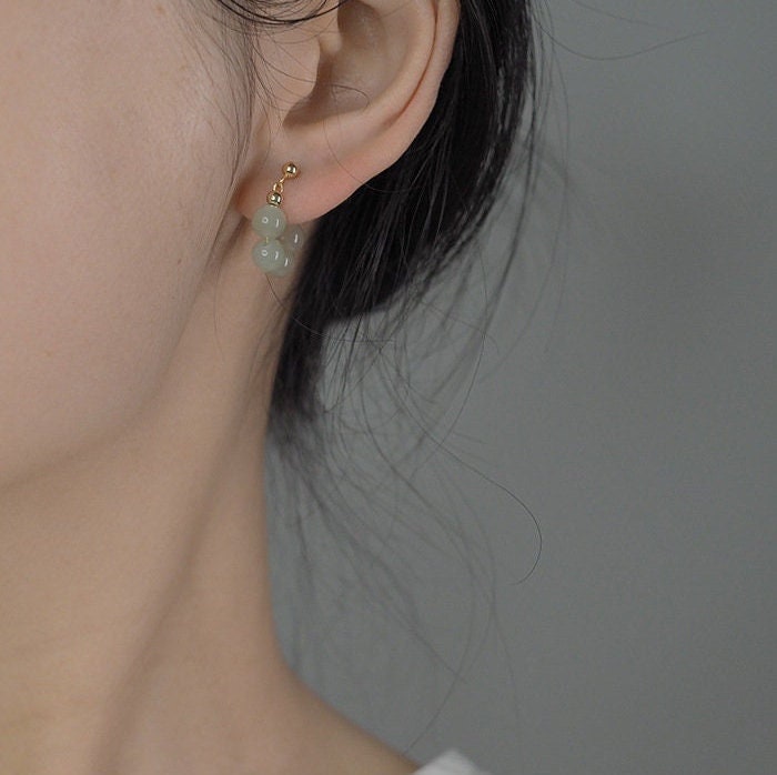 Natural Jade Earrings, Jade Beads Hood Earring, clip-on Earrings, Hetian Jade Earrings, Light Green Jade Earrings, Natural Nephrite Jade