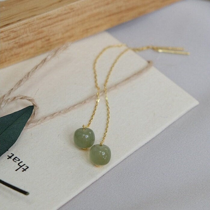 Natural Jade Long Drop Earrings, Light Green Natural Jade Bead Drop Earrings, Genuine Nephrite Beads Tassel Earrings, Jade Long Threader