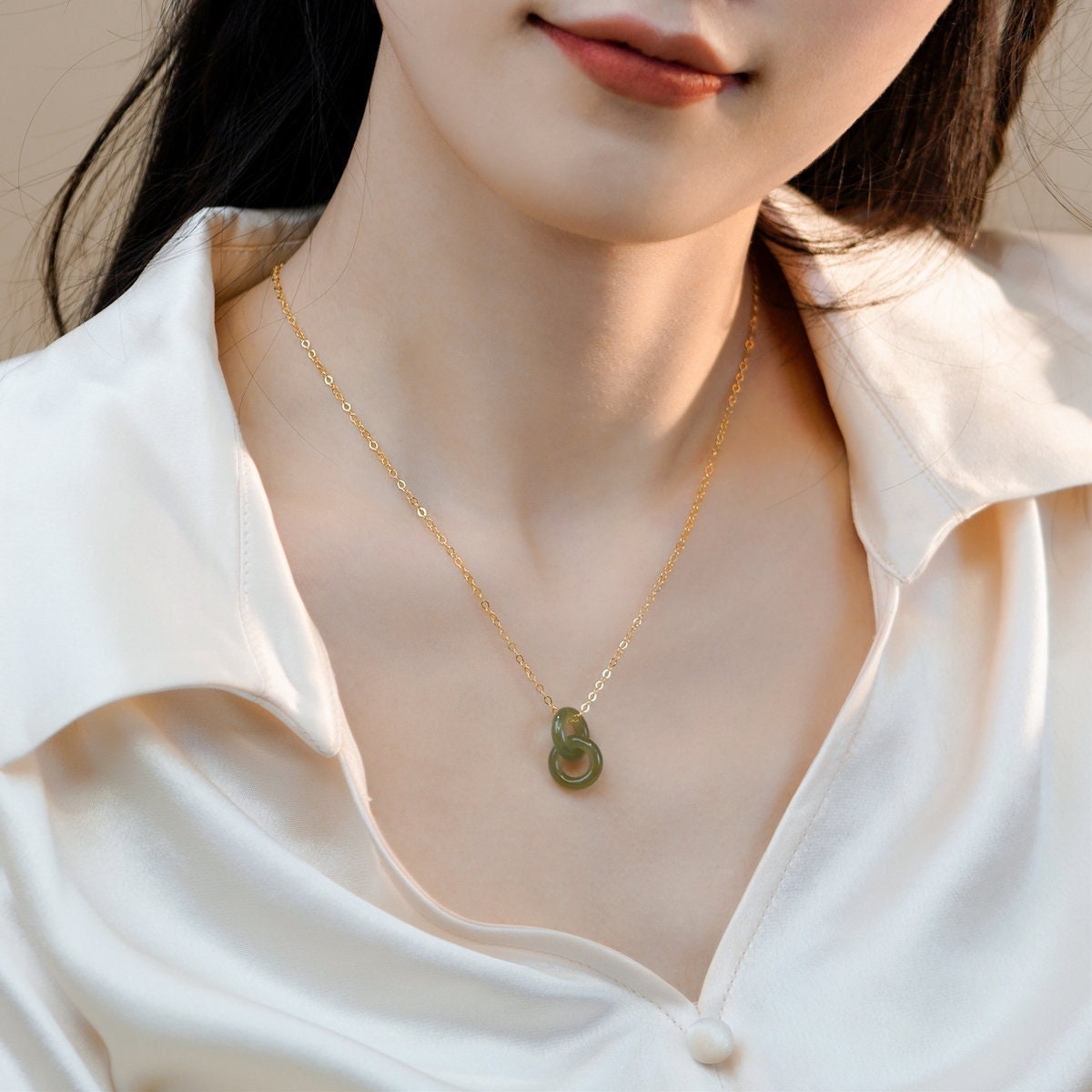 Natural Jade Necklace, Hetian Pendant Necklace, Jade Gold jewelry, Dainty Jade Necklace, Jade Interlocking Circle Necklace, Two Ring Pendant