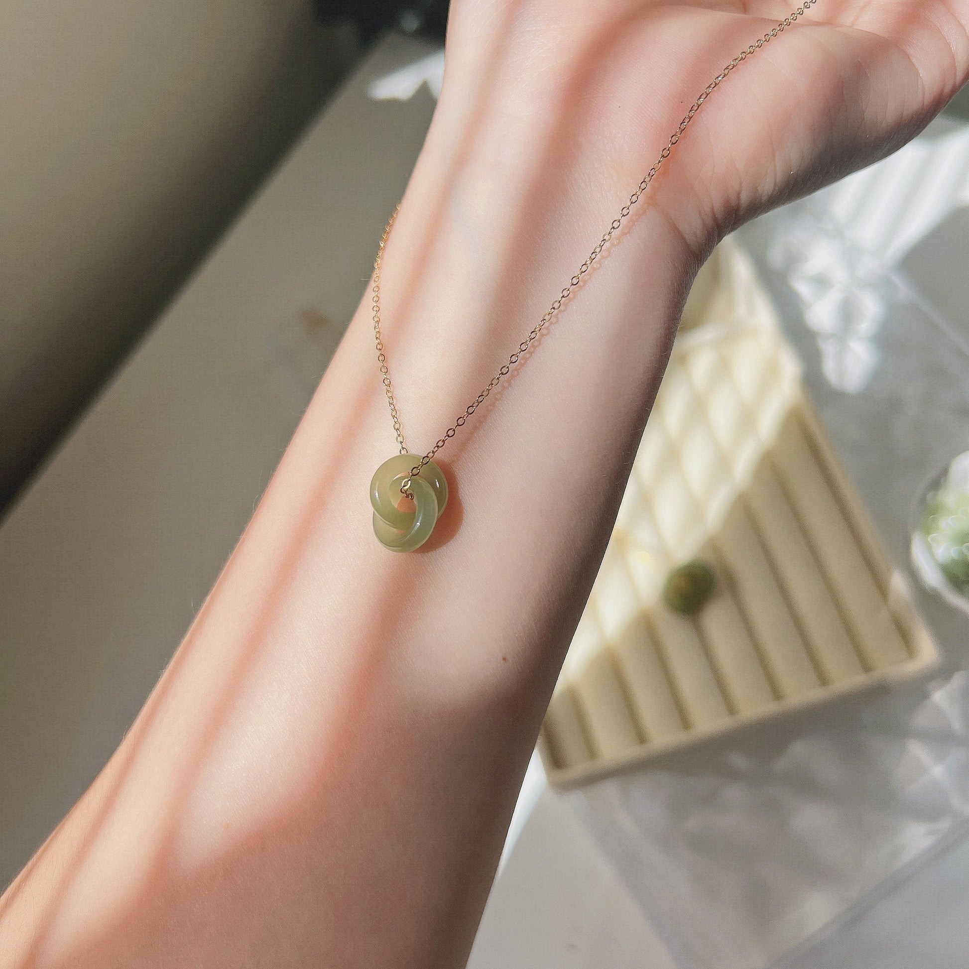 Natural Jade Necklace, Hetian Pendant Necklace, Jade Gold jewelry, Dainty Jade Necklace, Jade Interlocking Circle Necklace, Two Ring Pendant