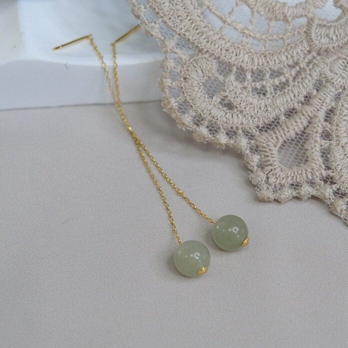 Natural Jade Long Drop Earrings, Light Green Natural Jade Bead Drop Earrings, Genuine Nephrite Beads Tassel Earrings, Jade Long Threader