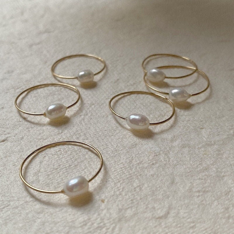 Natural Pearl Gold Ring, Fresh Water Pearl Ring, Single Rice Pearl Ring, Thin Gold Wire Pearl Ring, Simple Gold Pearl Ring, Wedding Pearl