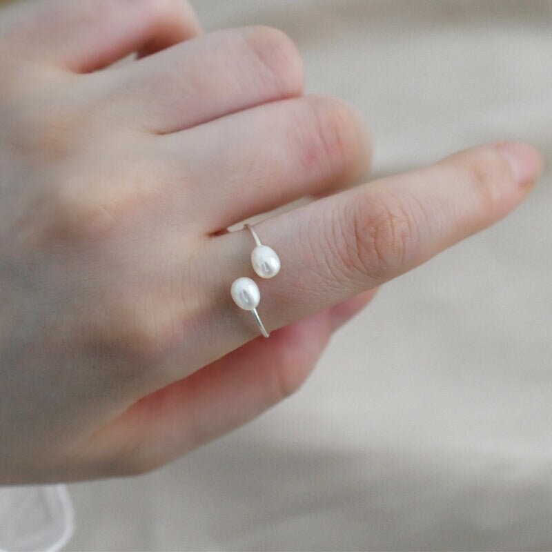 Double Pearls Ring, Freshwater Pearl Ring, Natural Pearl Ring, Silver Pearl Ring, Pearl Silver Ring, Front Open Silver Ring, Adjustable Ring