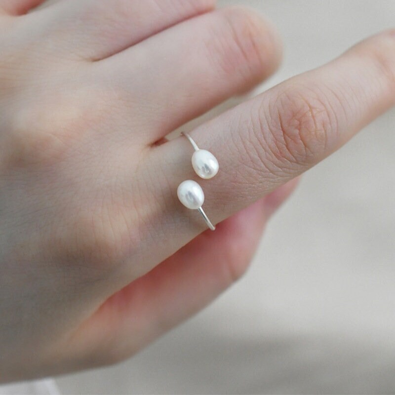 Double Pearls Ring, Freshwater Pearl Ring, Natural Pearl Ring, Silver Pearl Ring, Pearl Silver Ring, Front Open Silver Ring, Adjustable Ring