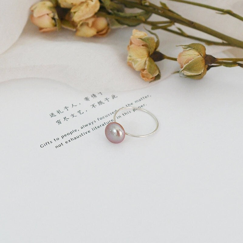 8-9mm Natural White Purple Pink Pearl Ring with 925 Sterling Silver Band, Single Fresh Water Pearl Ring, 0.8mm Thin Silver Band