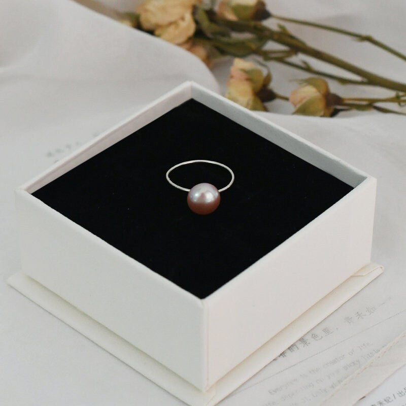 8-9mm Natural White Purple Pink Pearl Ring with 925 Sterling Silver Band, Single Fresh Water Pearl Ring, 0.8mm Thin Silver Band