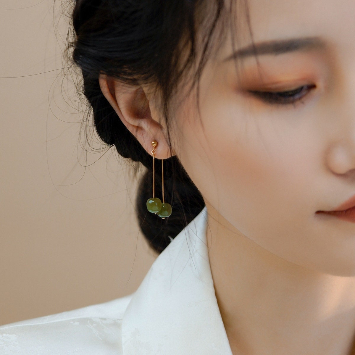 Natural Hetian Jade Long Drop Earrings, Light Dark Green Jade Earring, Gold and Jade Earring, Clip Tassel Earring, Gold Jade Jewelry