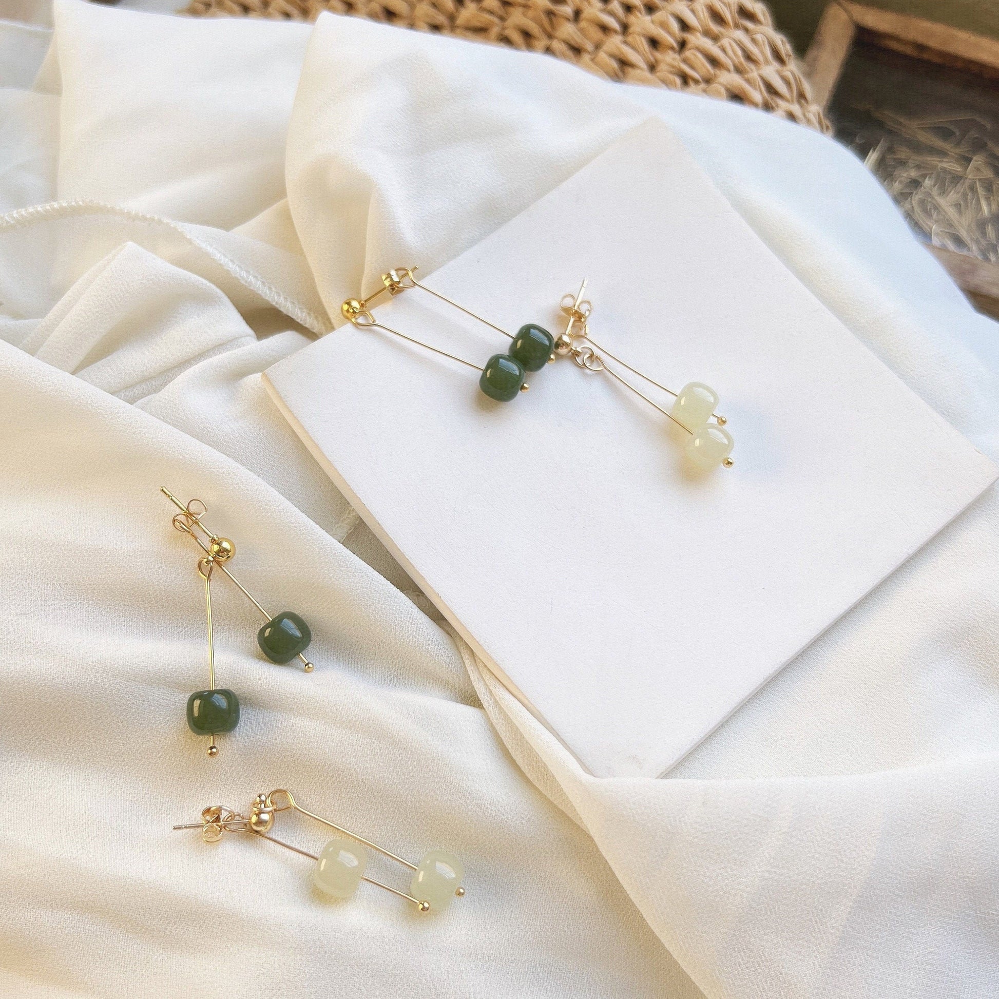 Natural Hetian Jade Long Drop Earrings, Light Dark Green Jade Earring, Gold and Jade Earring, Clip Tassel Earring, Gold Jade Jewelry