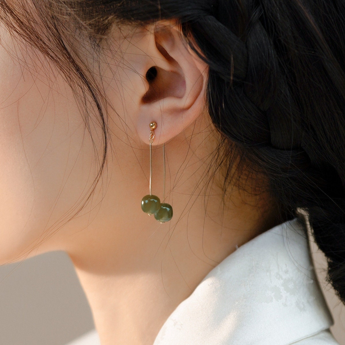 Natural Hetian Jade Long Drop Earrings, Light Dark Green Jade Earring, Gold and Jade Earring, Clip Tassel Earring, Gold Jade Jewelry