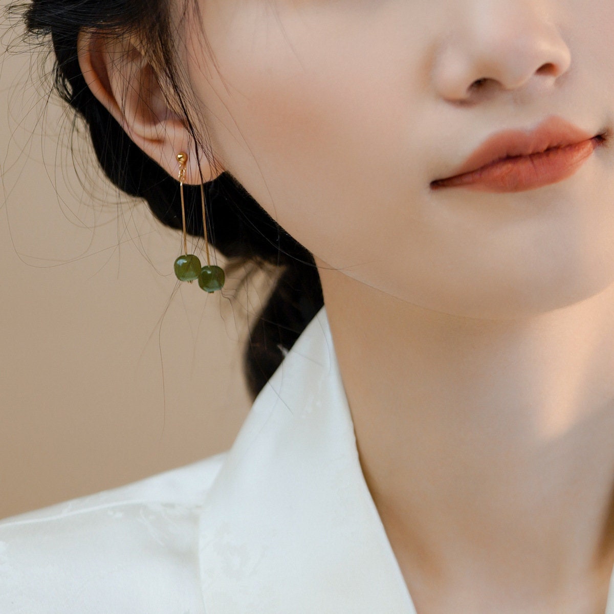 Natural Hetian Jade Long Drop Earrings, Light Dark Green Jade Earring, Gold and Jade Earring, Clip Tassel Earring, Gold Jade Jewelry