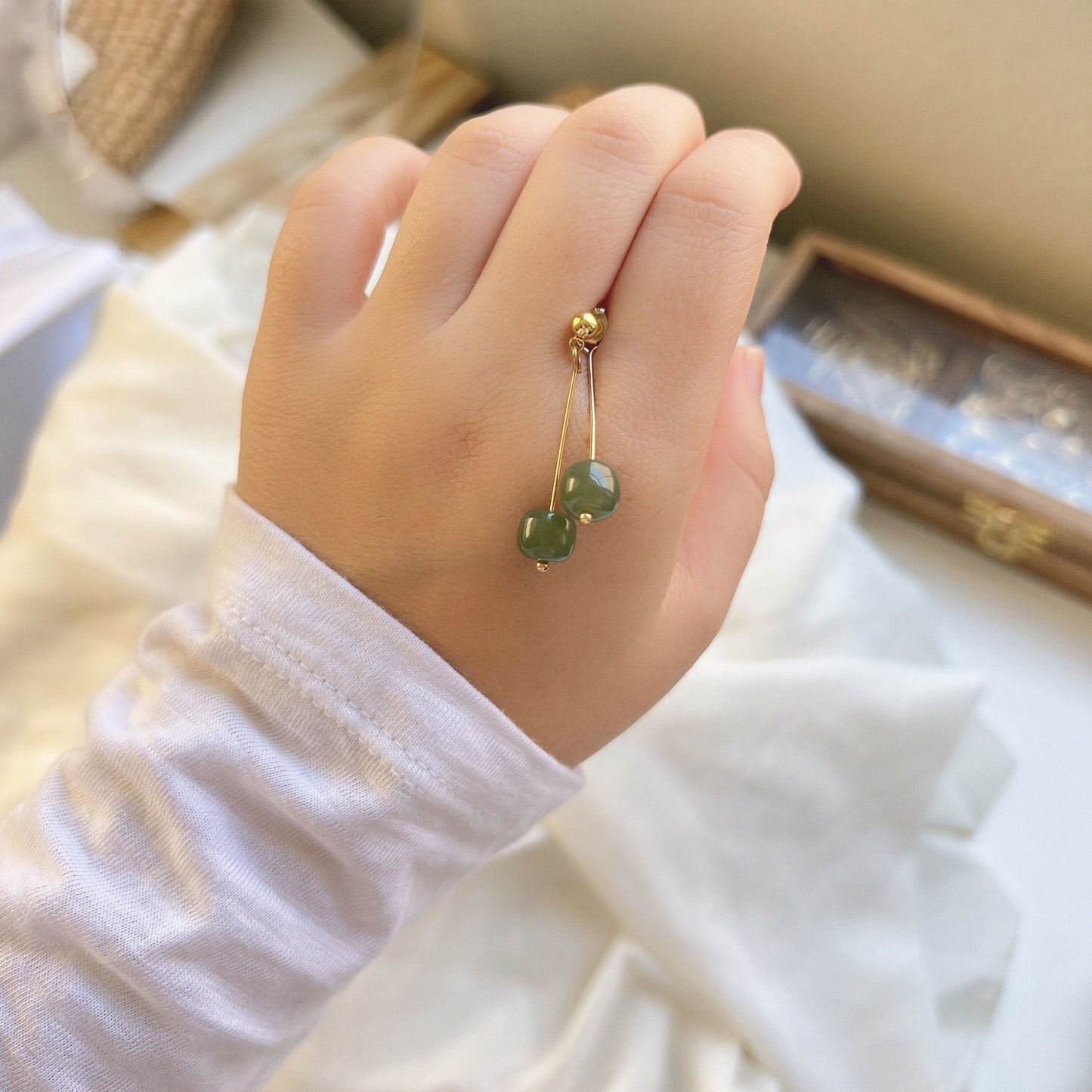 Natural Hetian Jade Long Drop Earrings, Light Dark Green Jade Earring, Gold and Jade Earring, Clip Tassel Earring, Gold Jade Jewelry