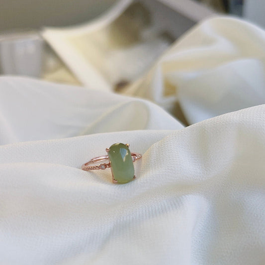 Cat Eye Jade Ring, Rectangle Jade Ring, Light Green Jade Ring, Hetian Jade Ring, Natural Jade Ring, Gold Plated Silver Ring, Adjustable Ring
