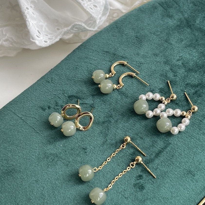 Natural Jade Earrings, Light Green Jade Earrings, Genuine Hetian Jade, Clip-on Jade Drop Earrings, Jade Gold Earrings, Jade Pendant Earrings