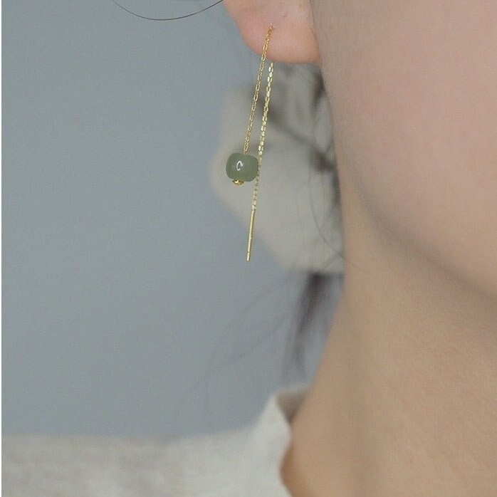 Natural Jade Long Drop Earrings, Light Green Natural Jade Bead Drop Earrings, Genuine Nephrite Beads Tassel Earrings, Jade Long Threader