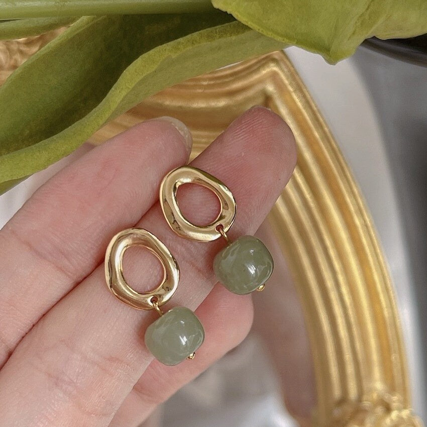 Natural Jade Earrings, Light Green Jade Earrings, Genuine Hetian Jade, Clip-on Jade Drop Earrings, Jade Gold Earrings, Jade Pendant Earrings