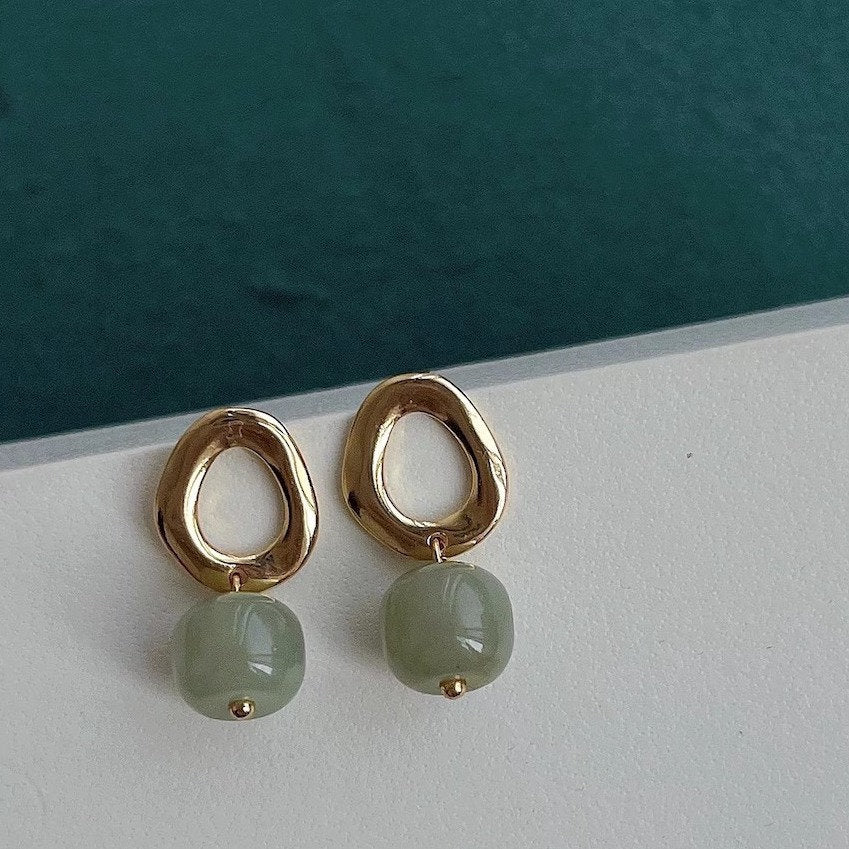 Natural Jade Earrings, Light Green Jade Earrings, Genuine Hetian Jade, Clip-on Jade Drop Earrings, Jade Gold Earrings, Jade Pendant Earrings