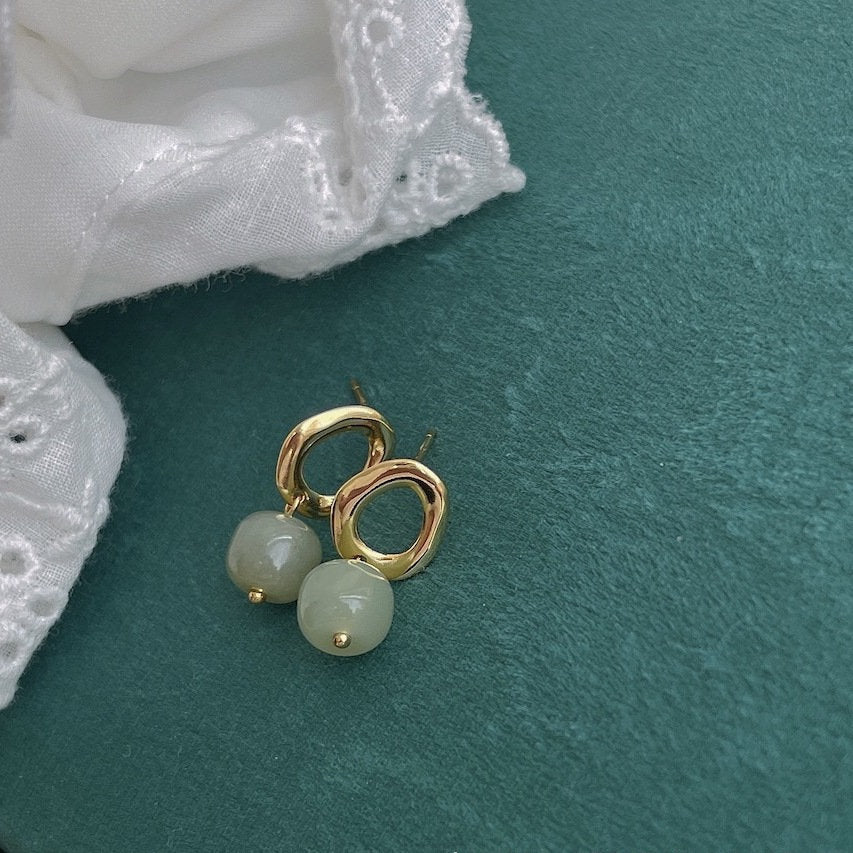 Natural Jade Earrings, Light Green Jade Earrings, Genuine Hetian Jade, Clip-on Jade Drop Earrings, Jade Gold Earrings, Jade Pendant Earrings