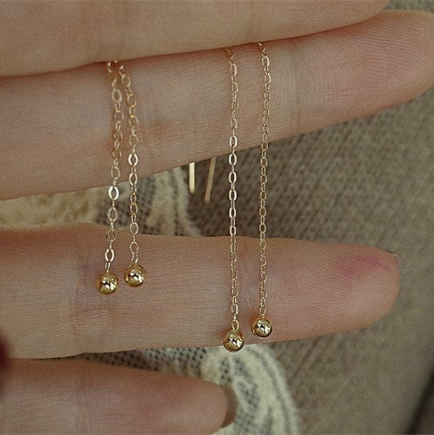 14k Gold Filled Threader Earrings, Long Threader Earrings, Tiny Ball Threader Earrings, Gold Filled Earrings, Dainty Minimal Chain Earrings