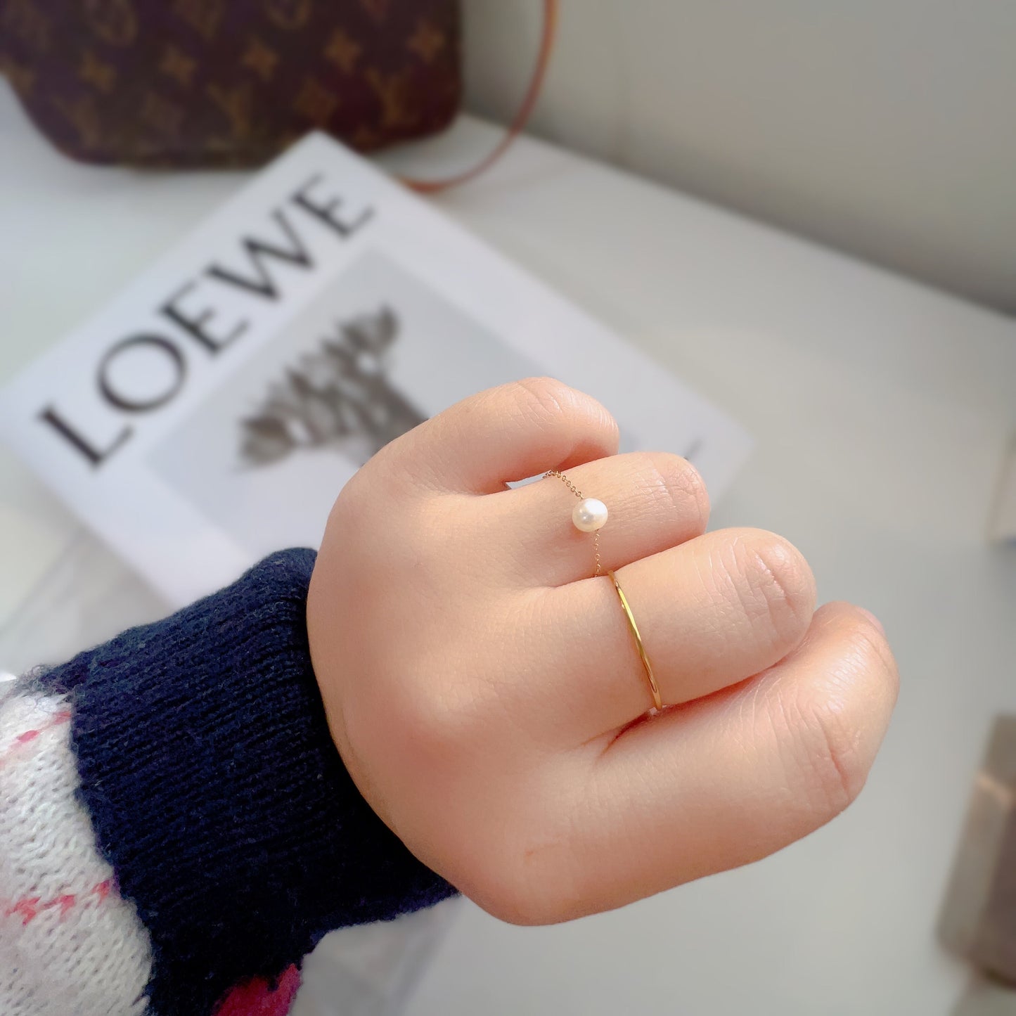 Tiny Pearl Chain Ring, 18K Gold Chain Ring, Dainty Pearl Ring, FreshWater Pearls Ring, Natural Pearl Chain Ring, Dainty Chain, Gift Ring