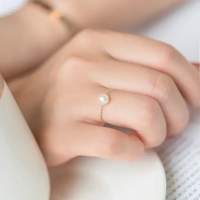 Tiny Pearl Chain Ring, 18K Gold Chain Ring, Dainty Pearl Ring, FreshWater Pearls Ring, Natural Pearl Chain Ring, Dainty Chain, Gift Ring