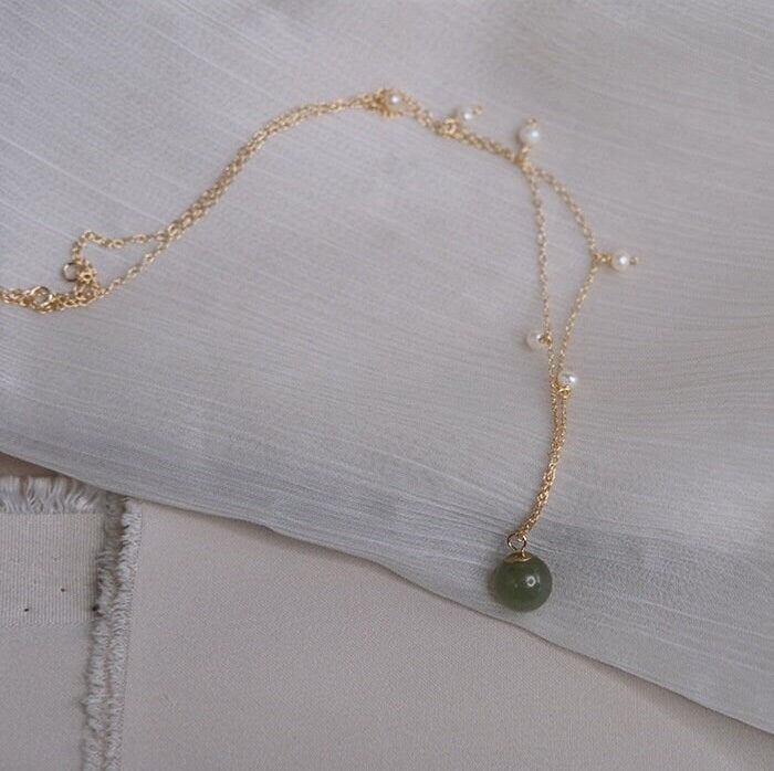 Natural Jade Pendant Necklace, Hetian Jade Choker, Light Green Jade with Pearl, Jade Pearl Necklace, Dainty Jade Necklace, Lucky Jade Gift, Multi stone necklace