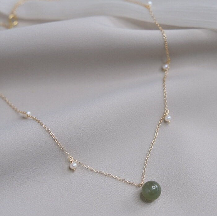 Natural Jade Pendant Necklace, Hetian Jade Choker, Light Green Jade with Pearl, Jade Pearl Necklace, Dainty Jade Necklace, Lucky Jade Gift, Multi stone necklace