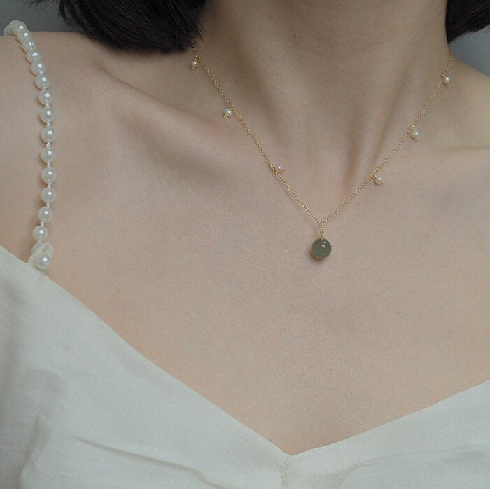 Natural Jade Pendant Necklace, Hetian Jade Choker, Light Green Jade with Pearl, Jade Pearl Necklace, Dainty Jade Necklace, Lucky Jade Gift, Multi stone necklace